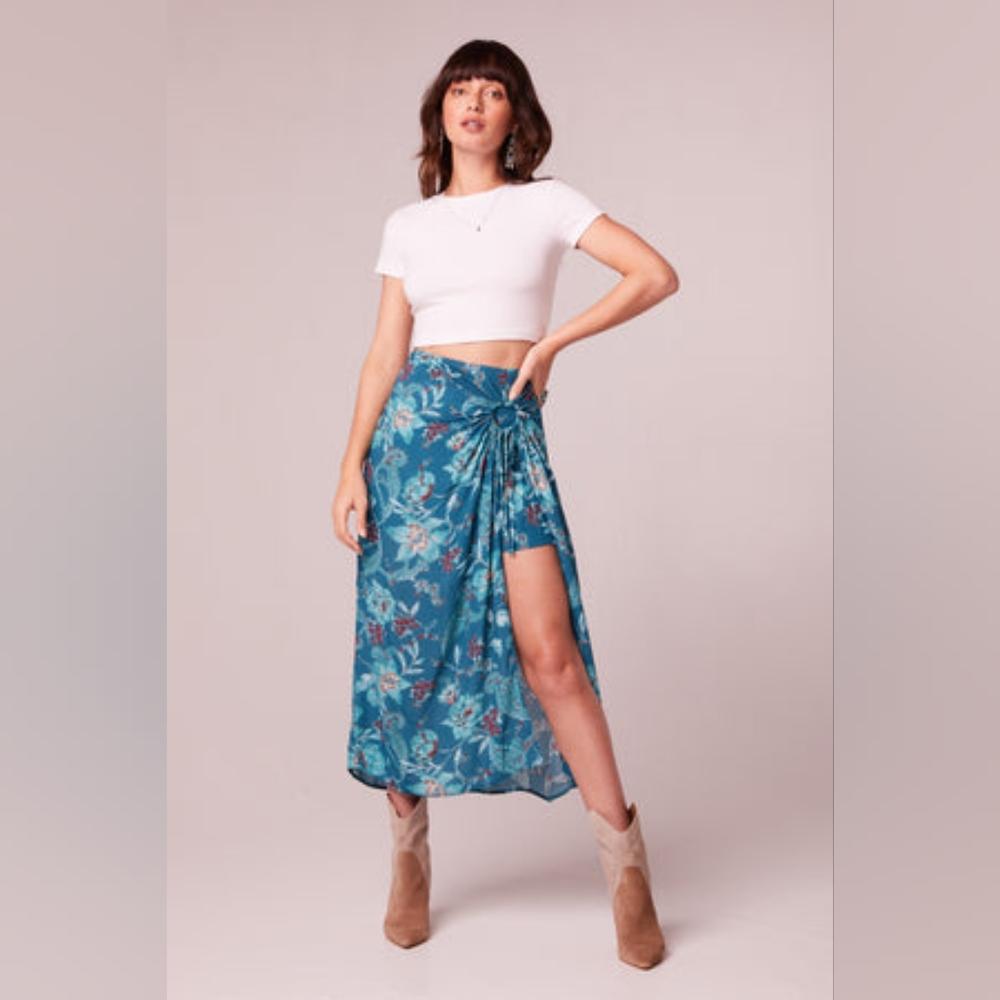 Band of Gypsies Teal Floral Midi Wrap Skirt